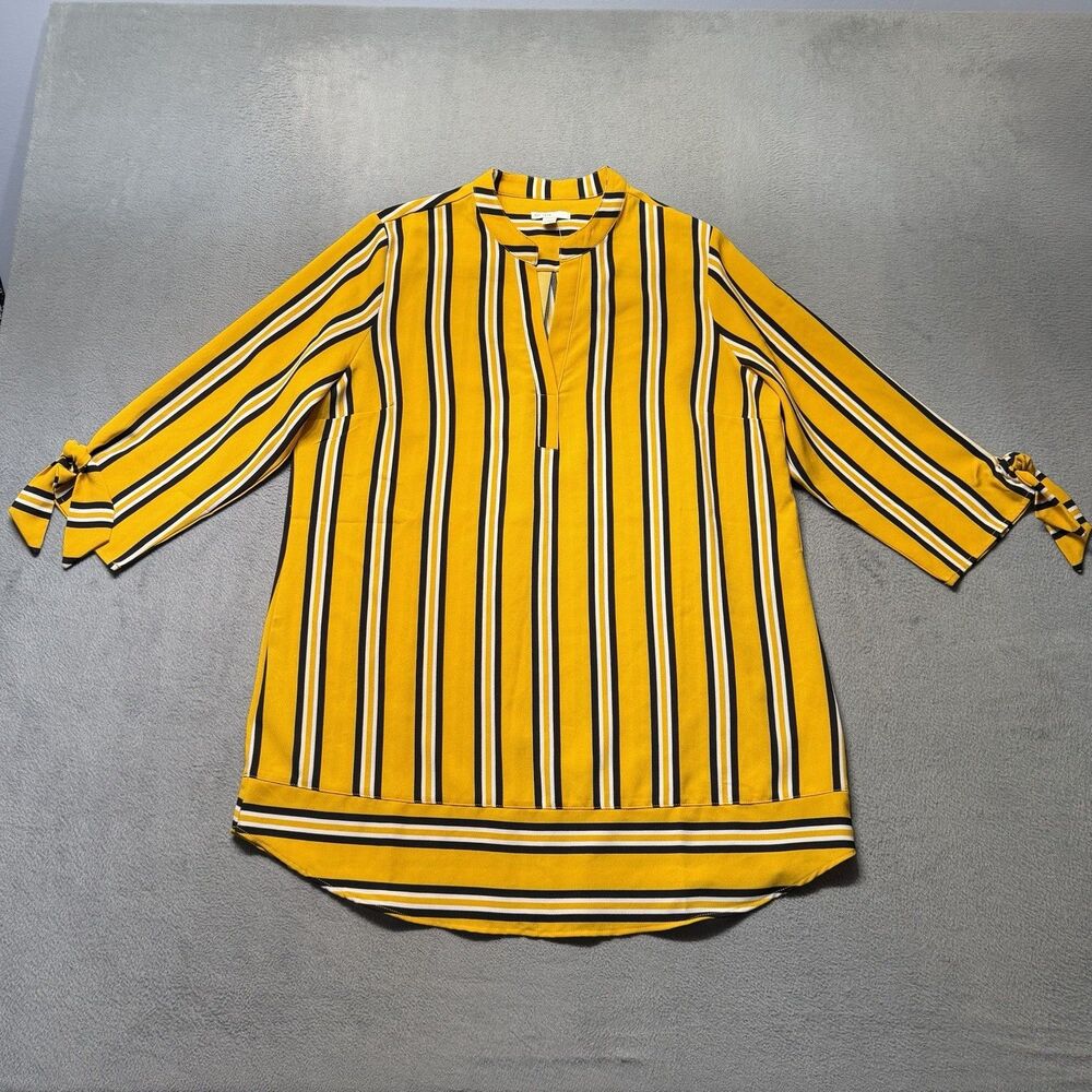 Cato Womens L 3/4 Tie Sleeve Blouse Yellow Black White Striped V Neck Top NWT